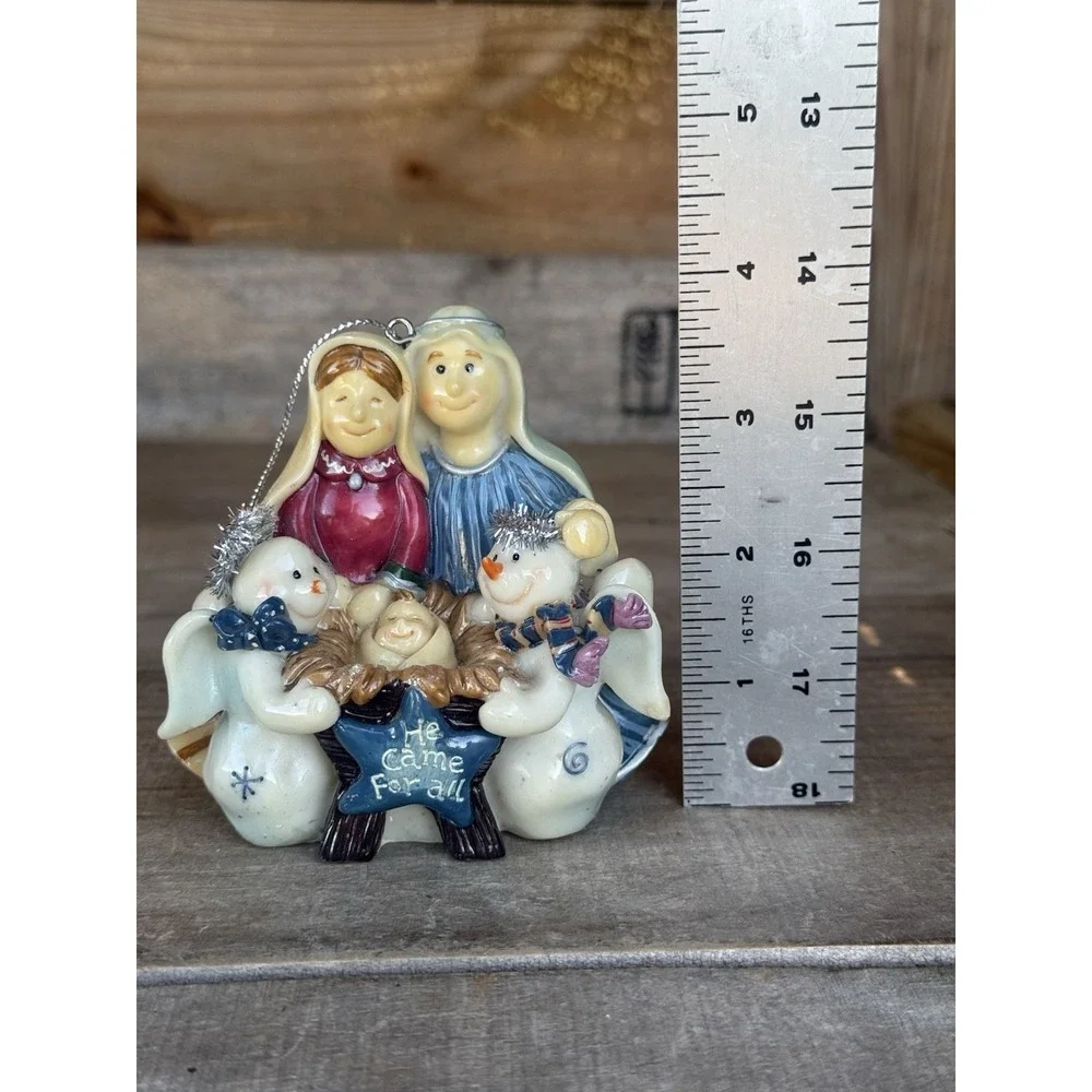Resin Nativity Scene Christmas Ornament Jesus, Joseph, Mary‎ And Snowmen Angels